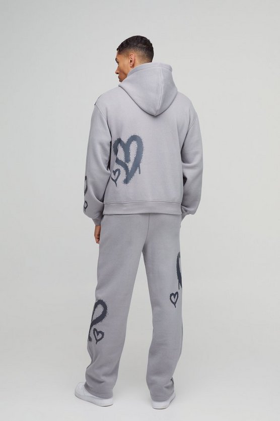 Grey Marl Oversized Boxy All Over Heart Printed Hooded Tracksuit