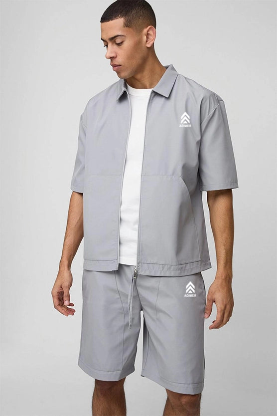 Grey Carpenter Detail Regular Fit Short Sleeve Set