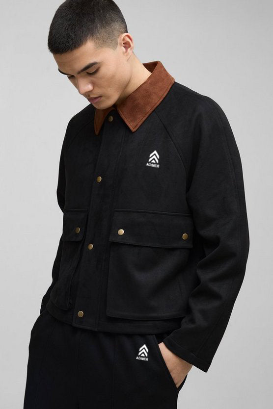 Black Oversized Boxy Faux Suede Contrast Collar Harrington Jacket