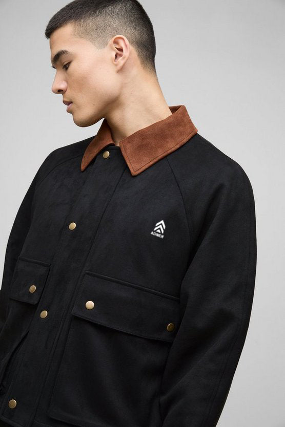 Black Oversized Boxy Faux Suede Contrast Collar Harrington Jacket