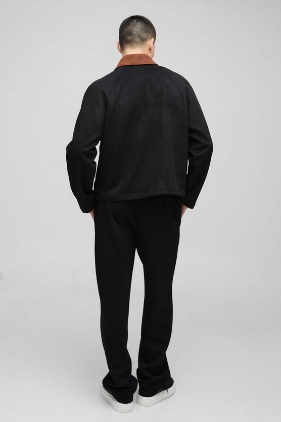 Black Oversized Boxy Faux Suede Contrast Collar Harrington Jacket