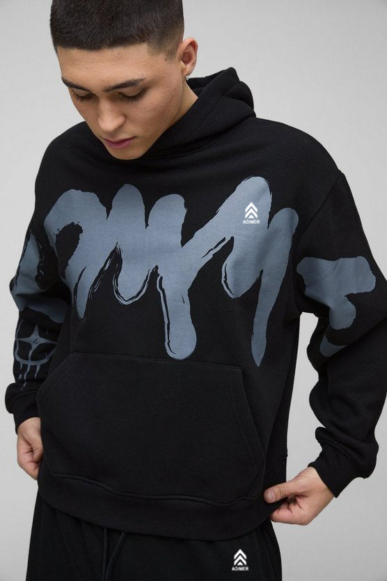 Black Oversized Boxy Star Homme Hoodie