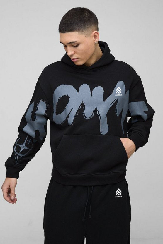 Black Oversized Boxy Star Homme Hoodie