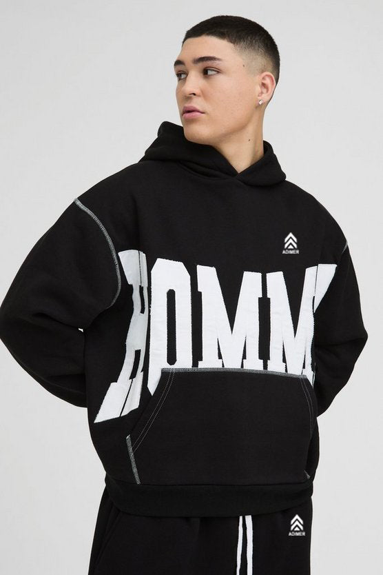 Black Oversized Boxy Twill Applique Contrast Stitch Hoodie
