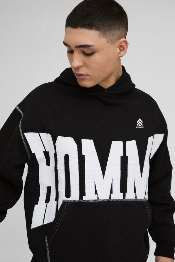 Black Oversized Boxy Twill Applique Contrast Stitch Hoodie