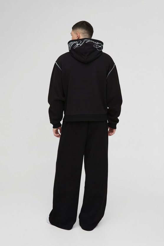 Black Oversized Boxy Twill Applique Contrast Stitch Hoodie