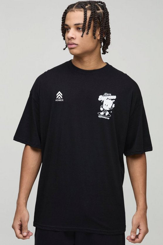 Black Oversized Espresso Cartoon Puff Print T-Shirt