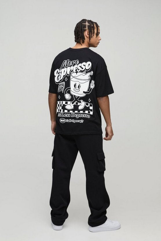 Black Oversized Espresso Cartoon Puff Print T-Shirt