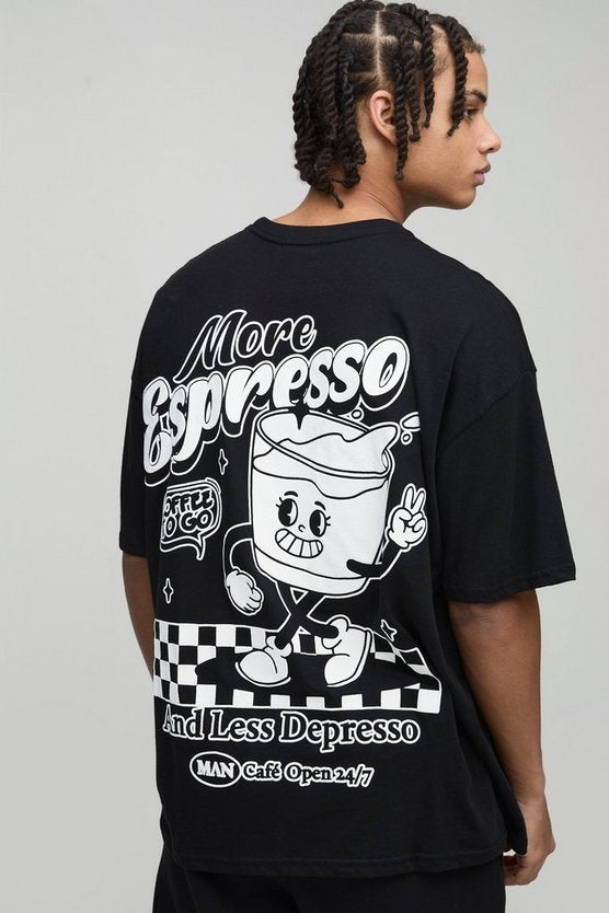 Black Oversized Espresso Cartoon Puff Print T-Shirt
