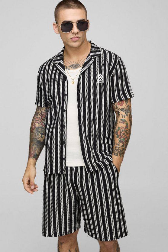 Black Regular Fit Textured Stripe Revere Collar Jersey Shirt & Shorts Set