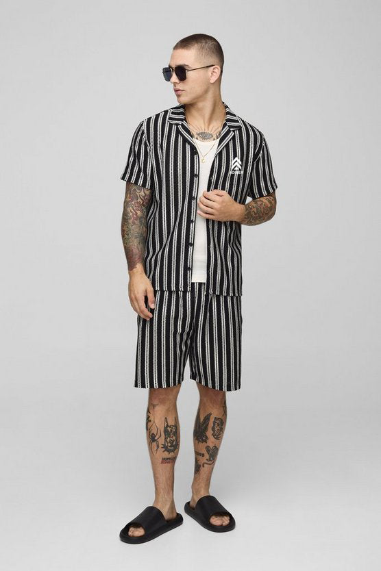 Black Regular Fit Textured Stripe Revere Collar Jersey Shirt & Shorts Set