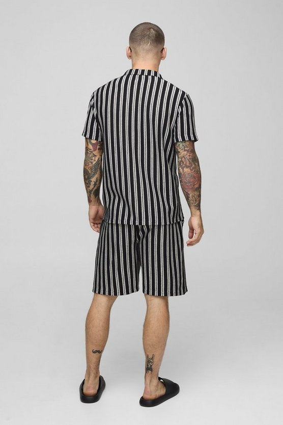Black Regular Fit Textured Stripe Revere Collar Jersey Shirt & Shorts Set