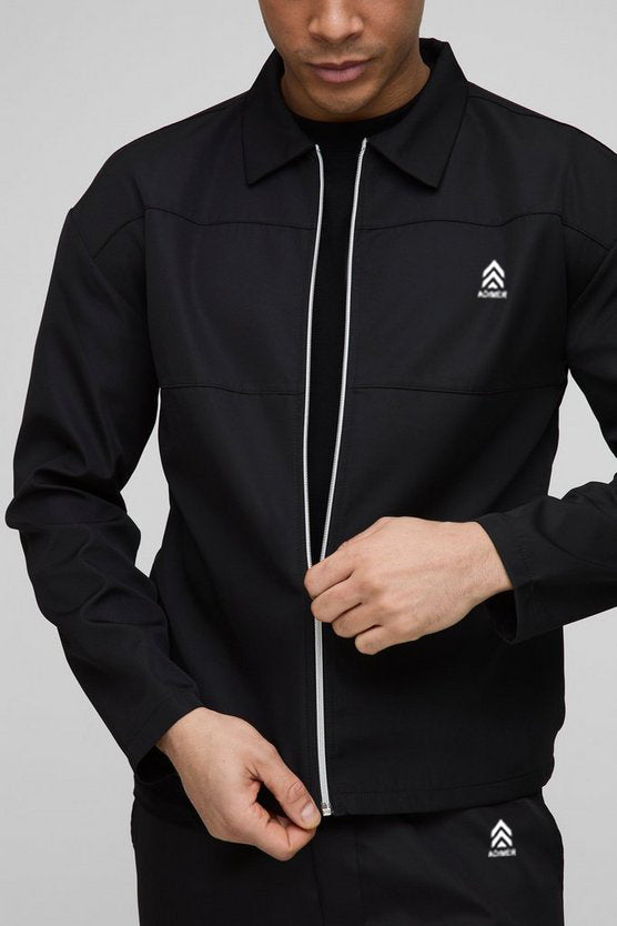Black Regular Fit Zip Through Collared Jacket Set