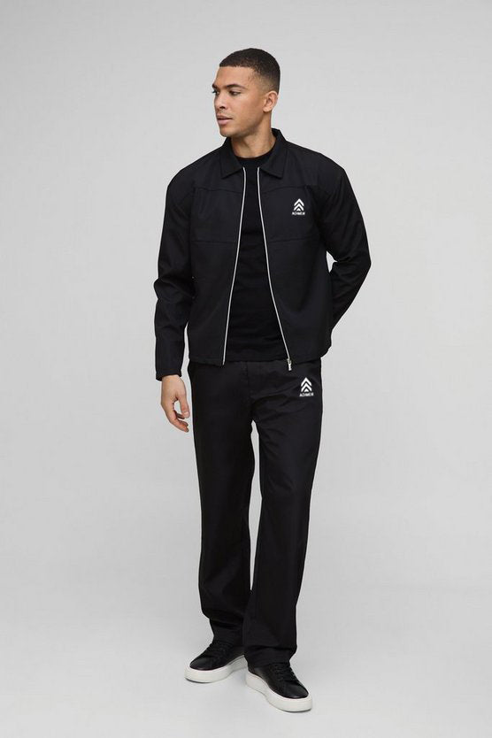 Black Regular Fit Zip Through Collared Jacket Set