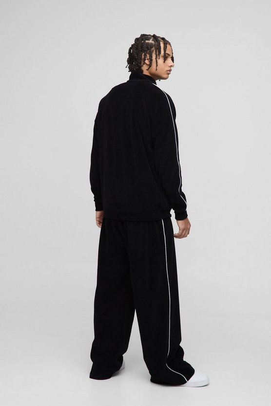 Black Wide Leg Man Embroidered Contrast Piping Velour Tracksuit