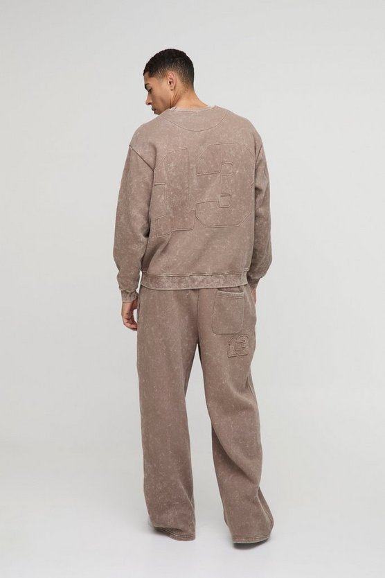 Brown Wide Leg Official Applique Washed Joggers