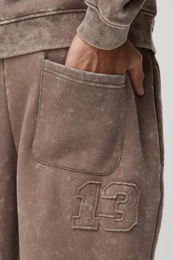 Brown Wide Leg Official Applique Washed Joggers