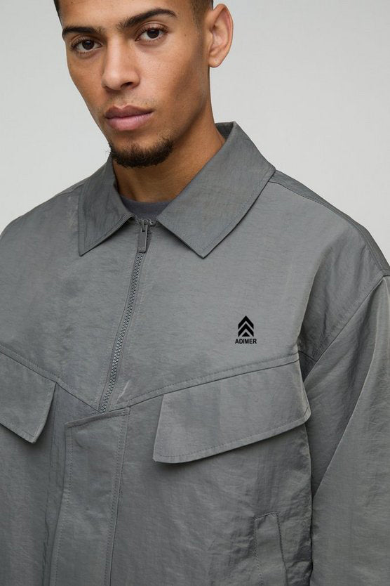 Charcoal Oversized Boxy Peached Nylon Pocket Harrington Jacket
