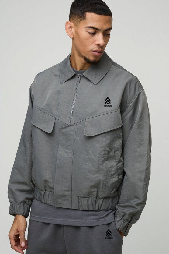 Charcoal Oversized Boxy Peached Nylon Pocket Harrington Jacket