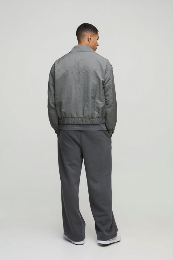 Charcoal Oversized Boxy Peached Nylon Pocket Harrington Jacket