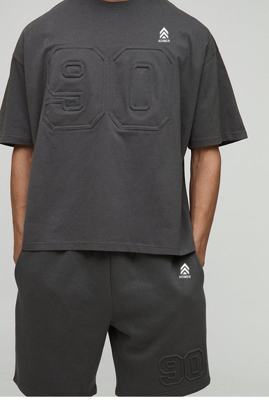 Charcoal Oversized Boxy Varsity Embossed T-Shirt & Short Set