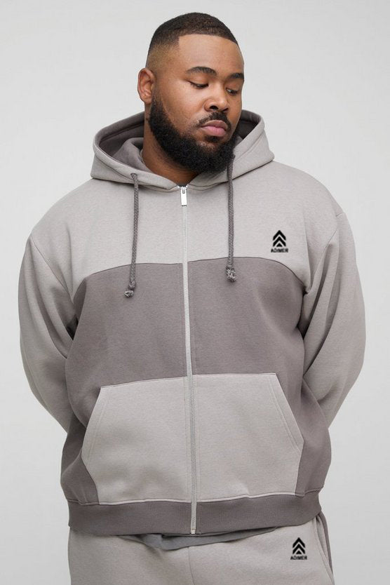 Charcoal Plus Oversized Boxy Man Panel Zip Through Hoodie