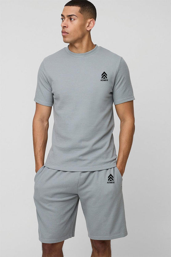 Grey Slim Man Printed Waffle T-Shirt & Short Set