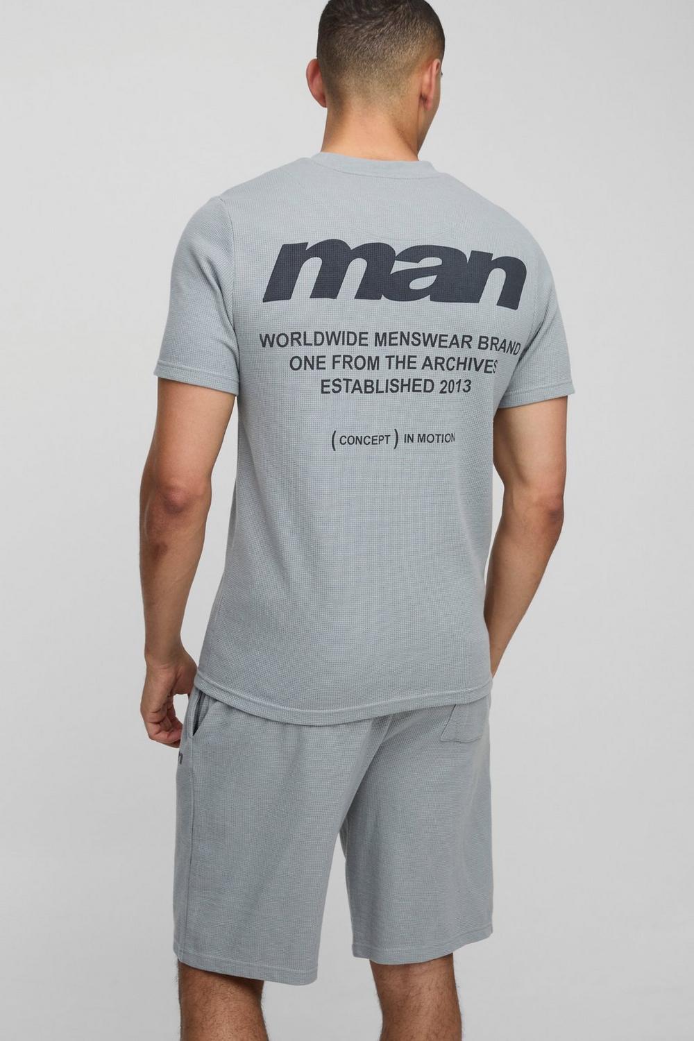 Grey Slim Man Printed Waffle T-Shirt & Short Set
