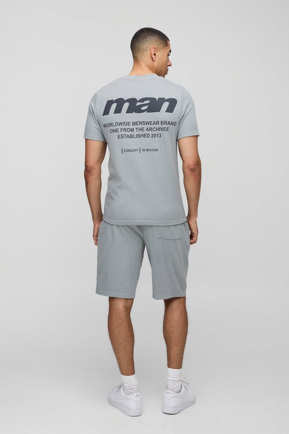 Grey Slim Man Printed Waffle T-Shirt & Short Set