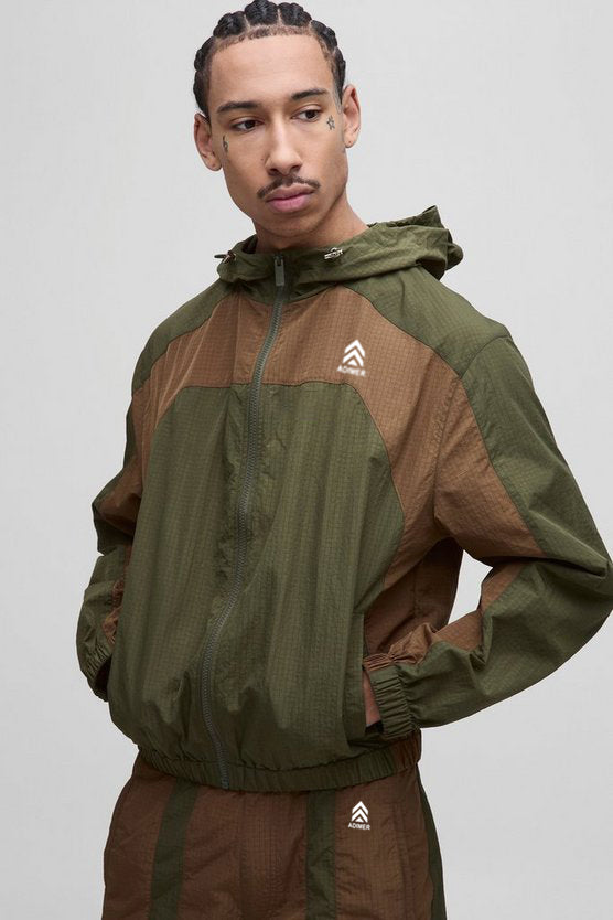 Khaki Regular Ripstop Color Block Hoodie Jacket