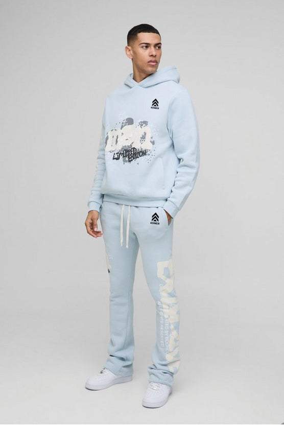 Light Blue Regular Fit Man Graphic Flared Stacked Hooded Tracksuit