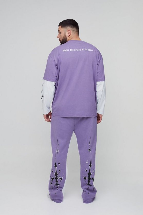 Purple Plus Homme Grunge Print Oversized Faux Layer T-shirt sand Gusset Jogger Set