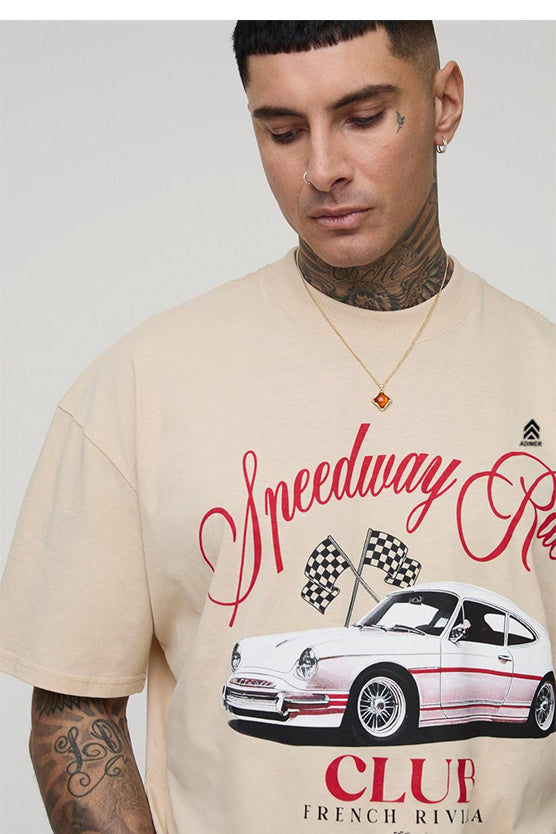 Sand Tall Oversized Vintage Car Print T-Shirt