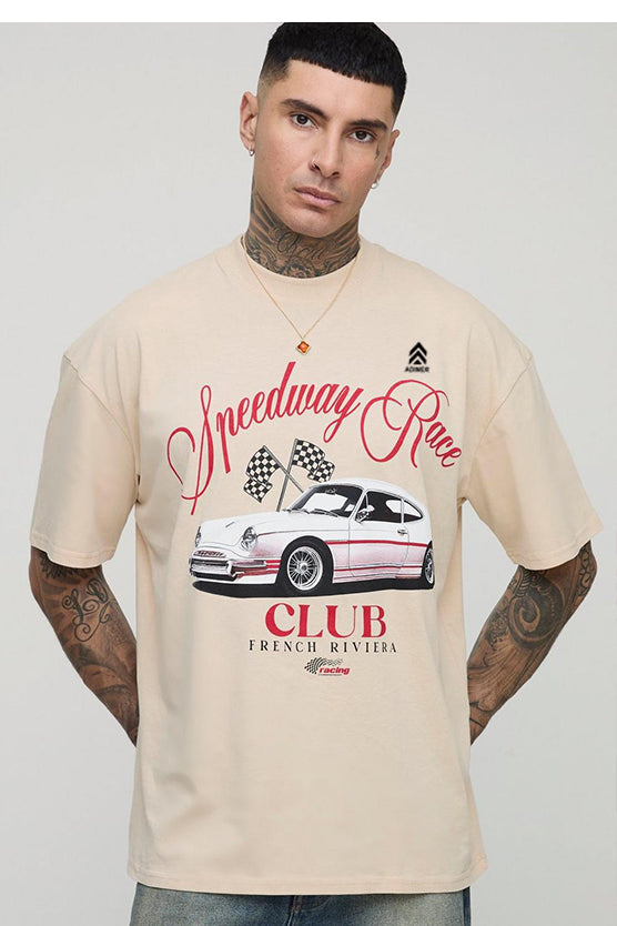 Sand Tall Oversized Vintage Car Print T-Shirt