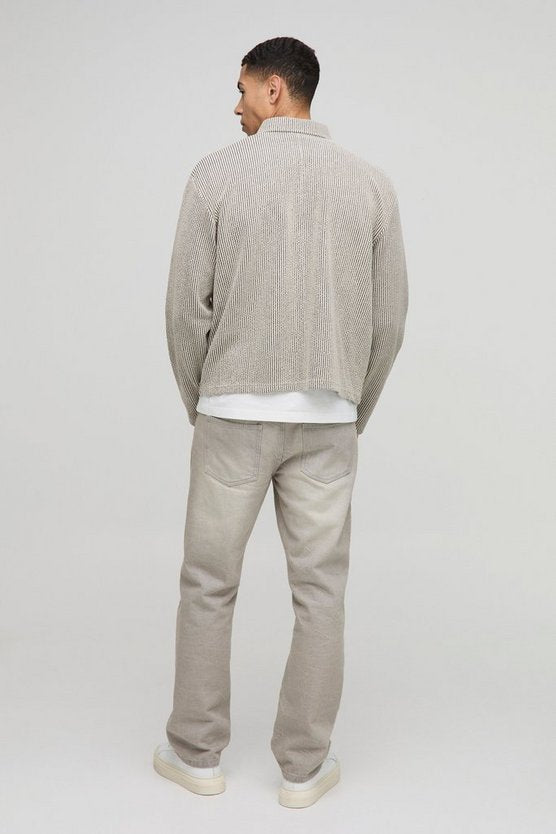 Taupe Oversized Boxy Jacquard Rib Harrington Jacket