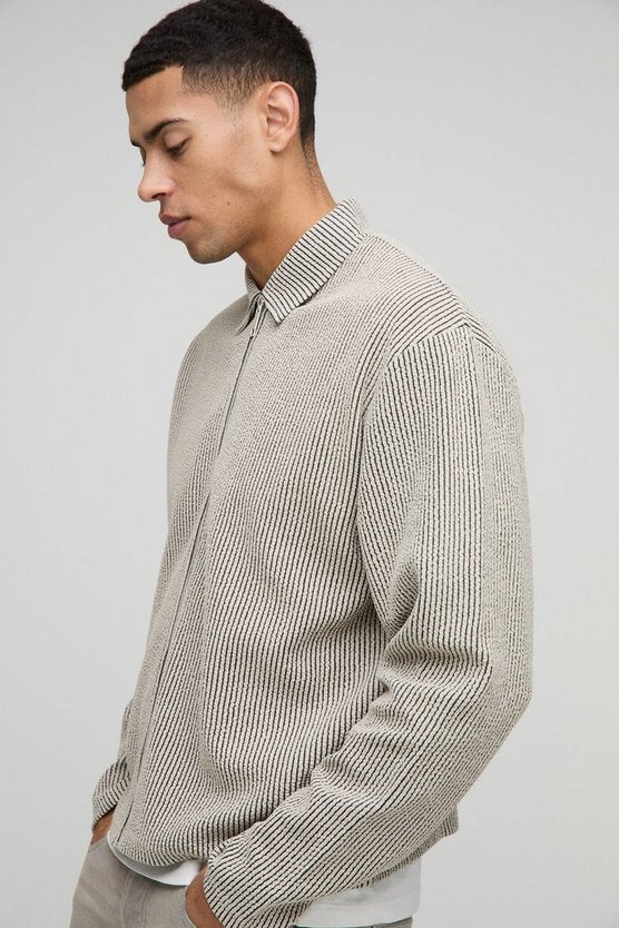 Taupe Oversized Boxy Jacquard Rib Harrington Jacket