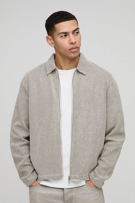 Taupe Oversized Boxy Jacquard Rib Harrington Jacket