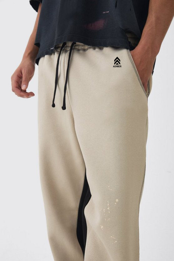 Taupe Straight Leg Contrast Stitch Tonal Paint Splatter Jogger