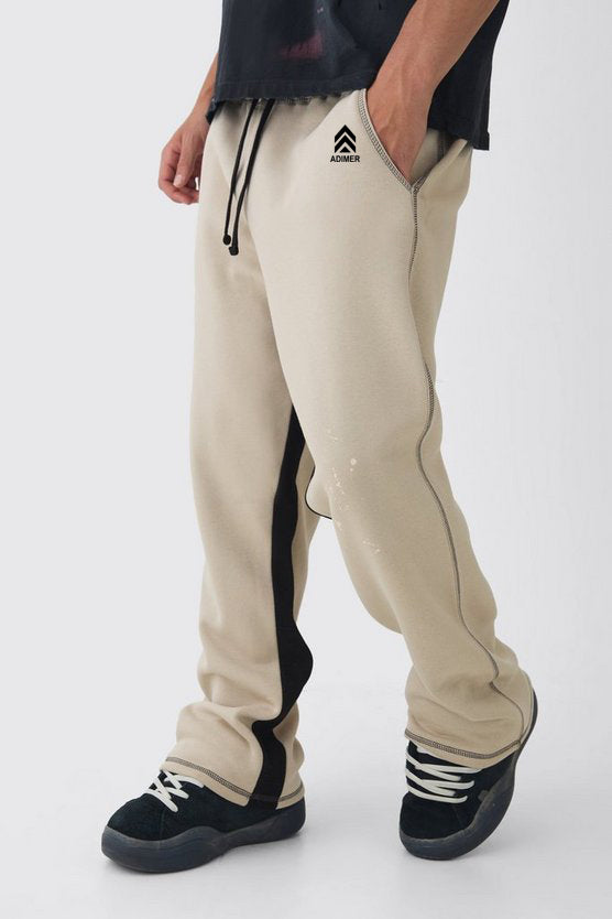 Taupe Straight Leg Contrast Stitch Tonal Paint Splatter Jogger