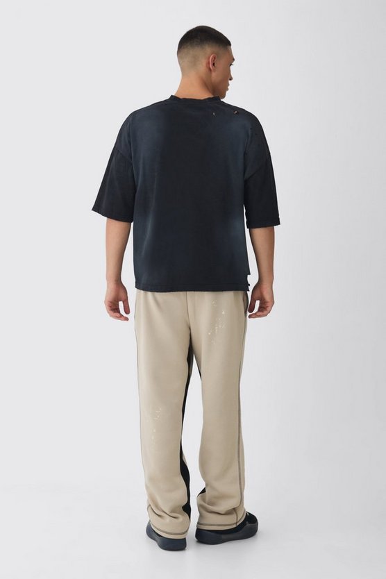 Taupe Straight Leg Contrast Stitch Tonal Paint Splatter Jogger