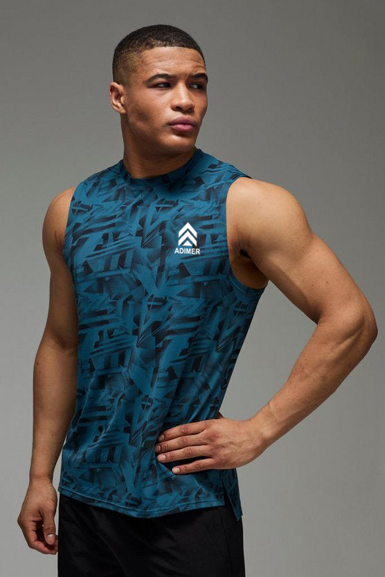 Teal Man Active Abstract Print Regular Fit Tank
