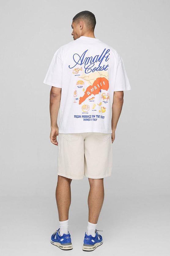 White Oversized Extended Neck Amalfi Coast Map T-Shirt