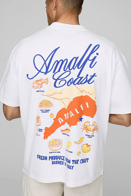White Oversized Extended Neck Amalfi Coast Map T-Shirt