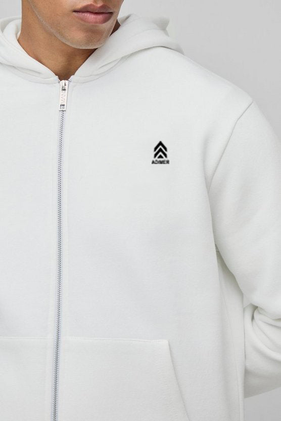 White Regular Fit  Man Script Printed Zip Through Hoodie