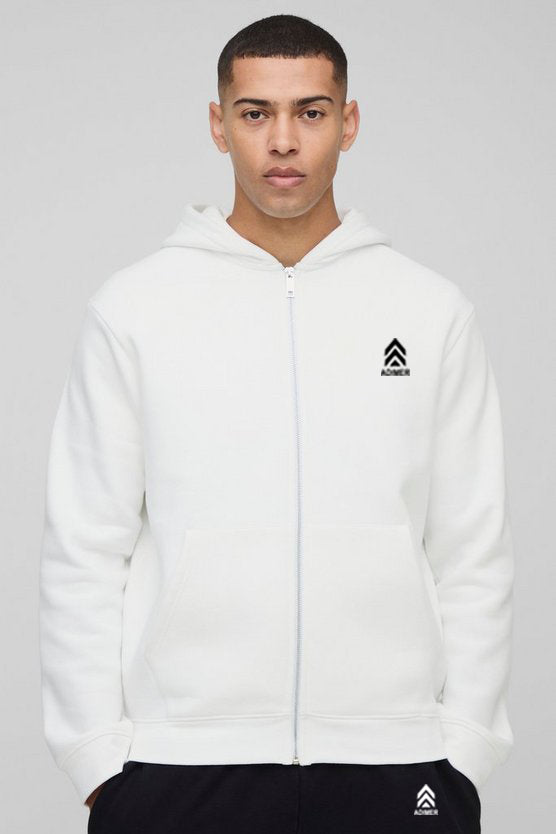 White Regular Fit  Man Script Printed Zip Through Hoodie
